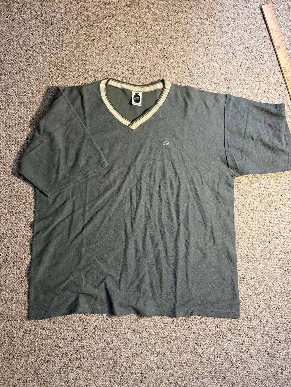 Vintage Bugle Boy Olive Green V-Neck Knit Ringer T-Shirt
